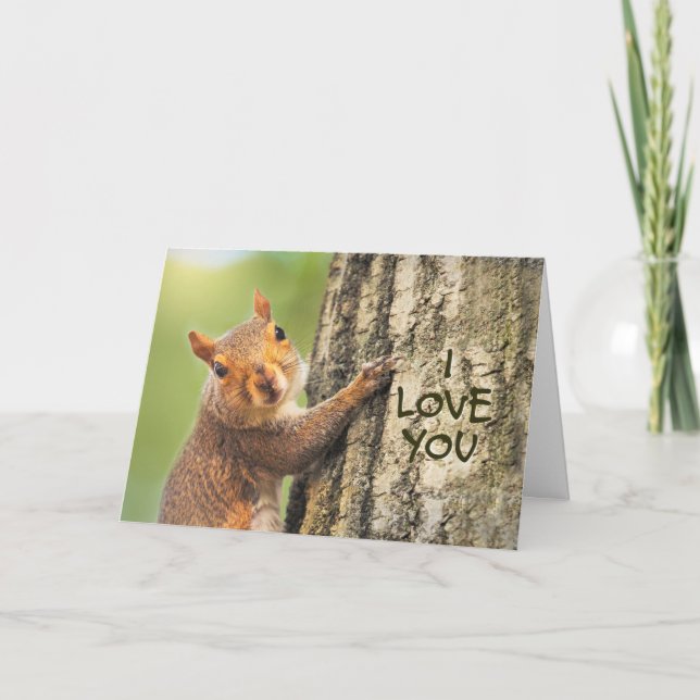 I Love You Cute Squirrel Climbing Tree Photograph Holiday Card (Front)