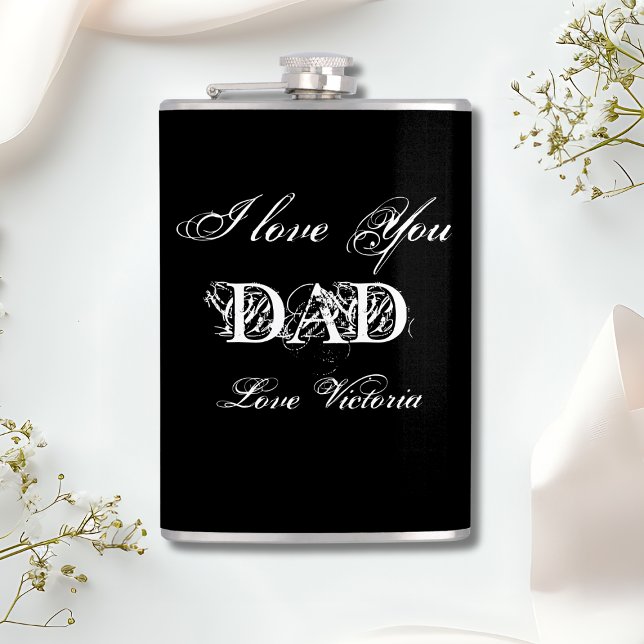 'I Love You Dad' Personalized Black White & Silver Flask ('I Love You Dad' Personalized Black White & Silver Flask.)