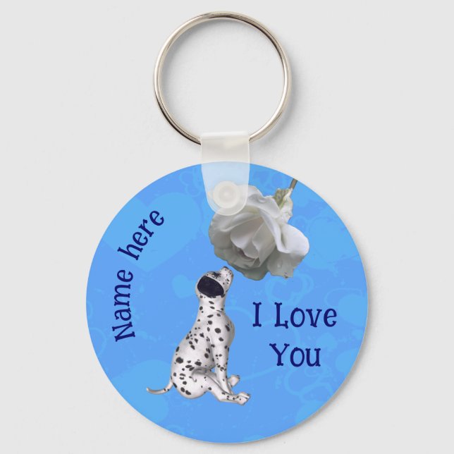 I Love You Dalmatian Puppy Rose Personalized Keychain (Front)
