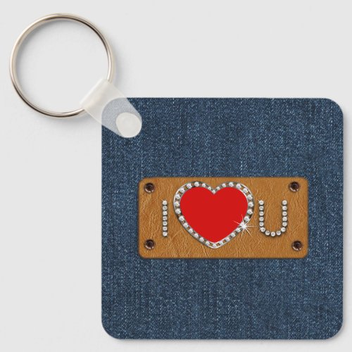 I Love You Denim Pattern Valentines Day Gift Keychain