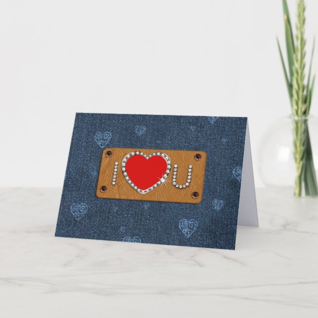 I Love You. Denim Pattern Valentine's Day  Holiday Card (Front)
