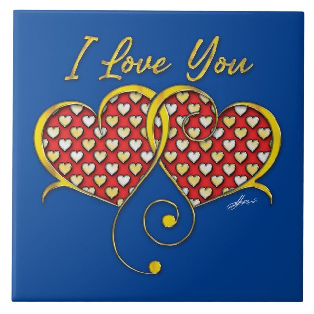 I Love You Design Gold Hearts Ceramic Tile (Front)