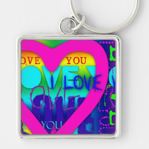 I Love You Electric Colors Pop Art Square Keychain