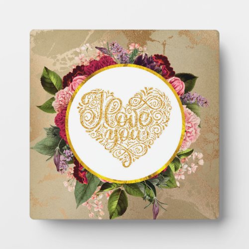 I Love You Fancy Golden Heart with Floral Frame