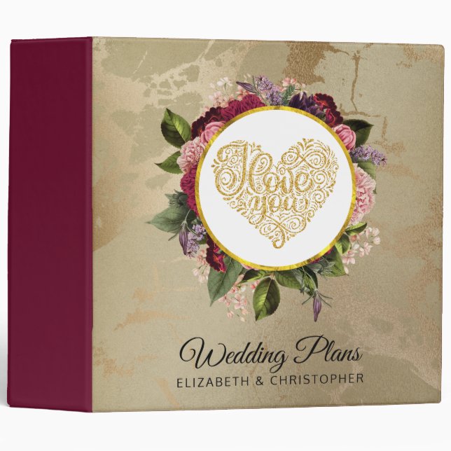 I Love You Fancy Golden Heart with Floral Frame 3 Ring Binder (Front/Spine)