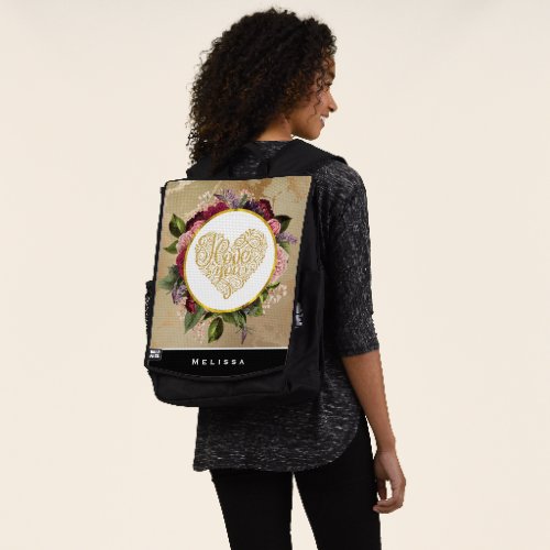 I Love You Fancy Golden Heart with Floral Frame Backpack