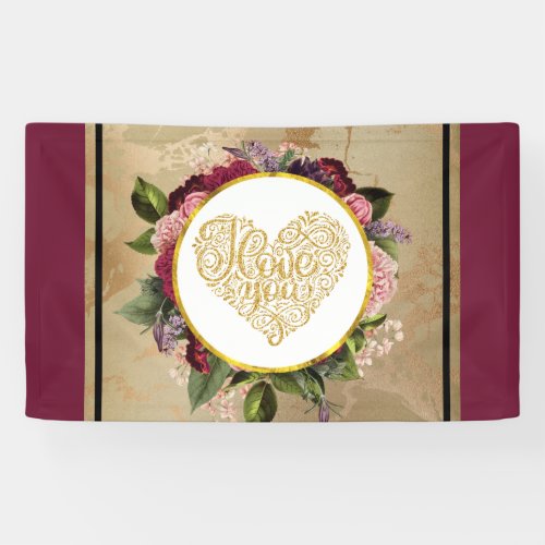 I Love You Fancy Golden Heart with Floral Frame Banner