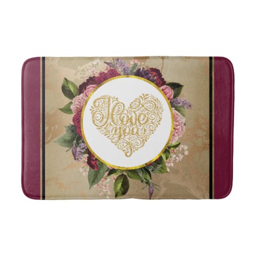 I Love You Fancy Golden Heart with Floral Frame Bath Mat