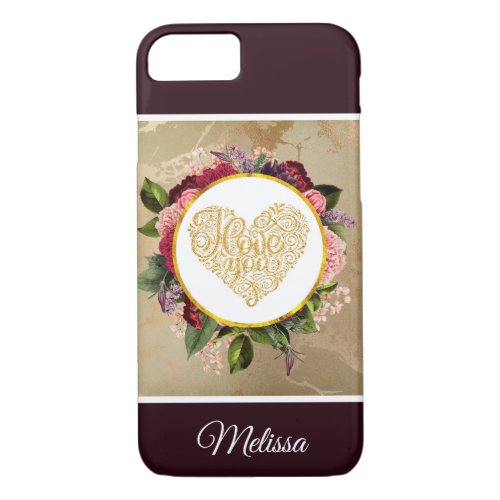 I Love You Fancy Golden Heart with Floral Frame iPhone 87 Case