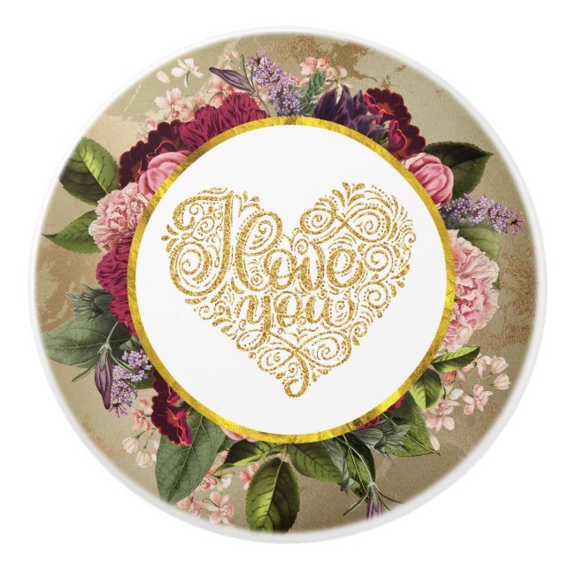 I Love You Fancy Golden Heart with Floral Frame Ceramic Knob (Front)