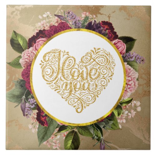 I Love You Fancy Golden Heart with Floral Frame Ceramic Tile
