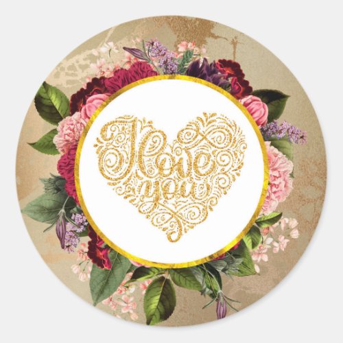 I Love You Fancy Golden Heart with Floral Frame Classic Round Sticker