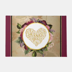 I Love You Fancy Golden Heart with Floral Frame Doormat