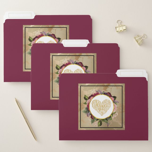 I Love You Fancy Golden Heart with Floral Frame File Folder (Set)
