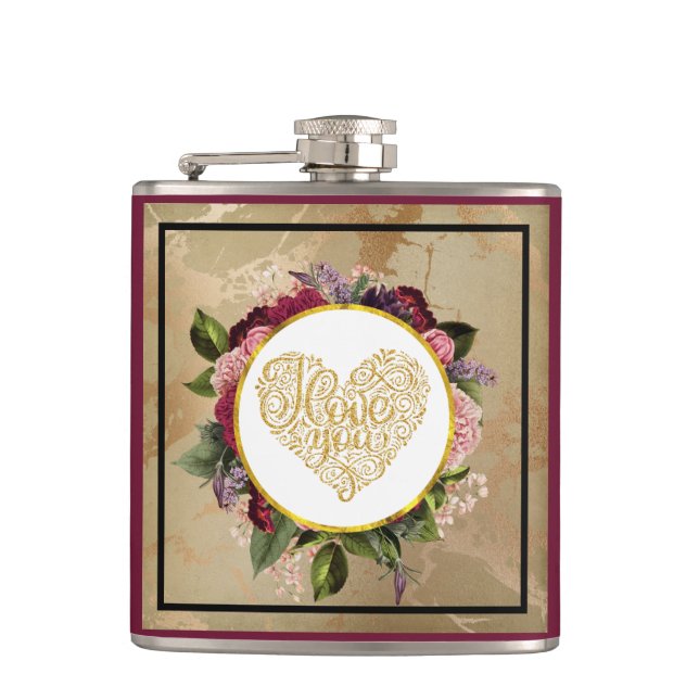 I Love You Fancy Golden Heart with Floral Frame Flask (Front)