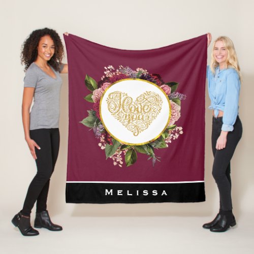 I Love You Fancy Golden Heart with Floral Frame Fleece Blanket