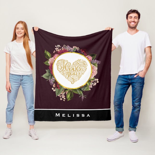 I Love You Fancy Golden Heart with Floral Frame Fleece Blanket (In Situ)