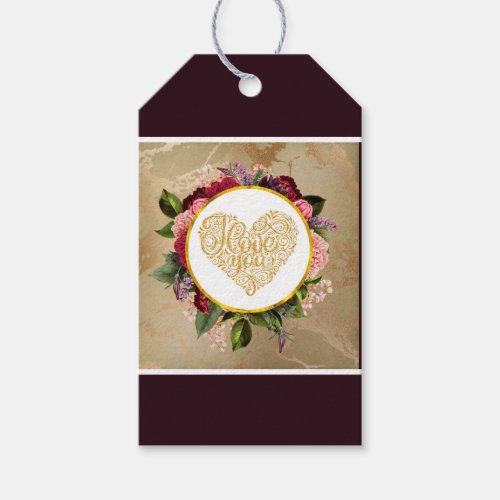 I Love You Fancy Golden Heart with Floral Frame Gift Tags