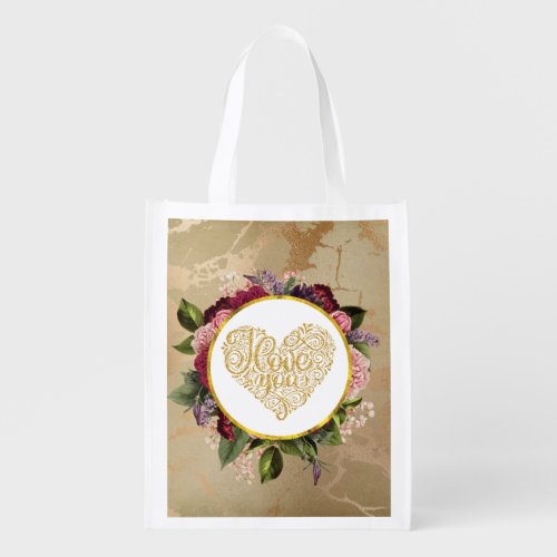 I Love You Fancy Golden Heart with Floral Frame Grocery Bag