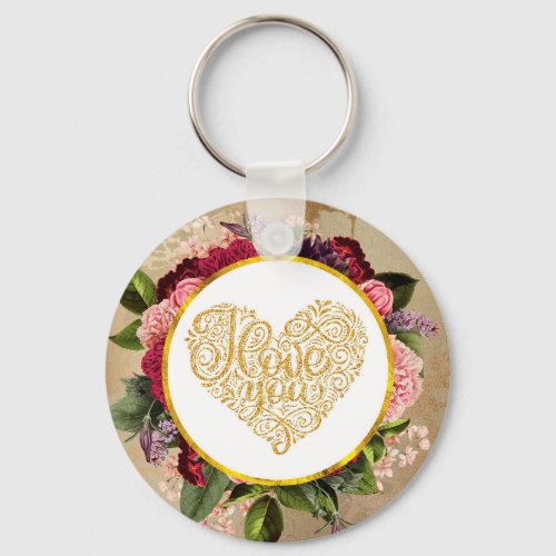 I Love You Fancy Golden Heart with Floral Frame Keychain