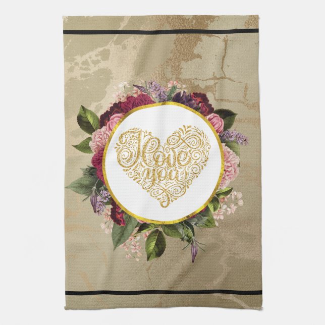 I Love You Fancy Golden Heart with Floral Frame Kitchen Towel (Vertical)