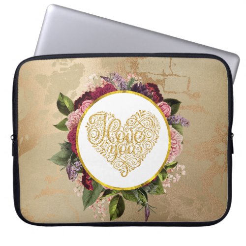 I Love You Fancy Golden Heart with Floral Frame Laptop Sleeve