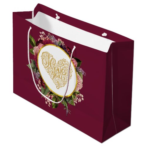 I Love You Fancy Golden Heart with Floral Frame Large Gift Bag