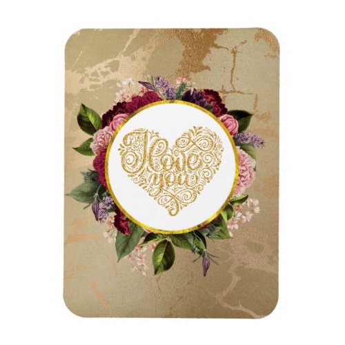 I Love You Fancy Golden Heart with Floral Frame Magnet