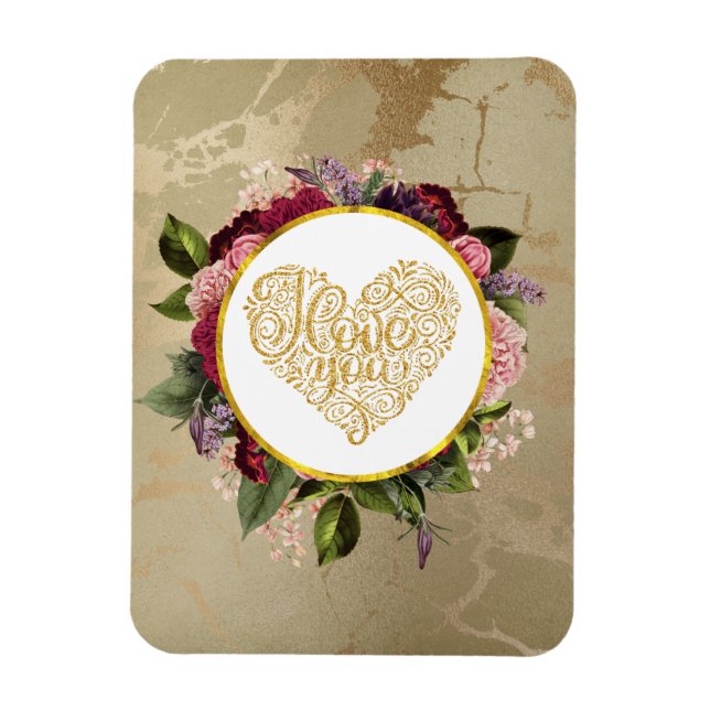 I Love You Fancy Golden Heart with Floral Frame Magnet (Vertical)
