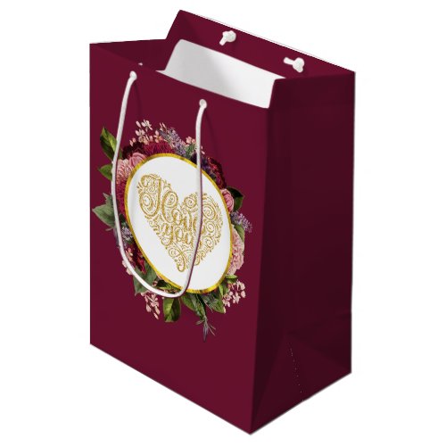 I Love You Fancy Golden Heart with Floral Frame Medium Gift Bag