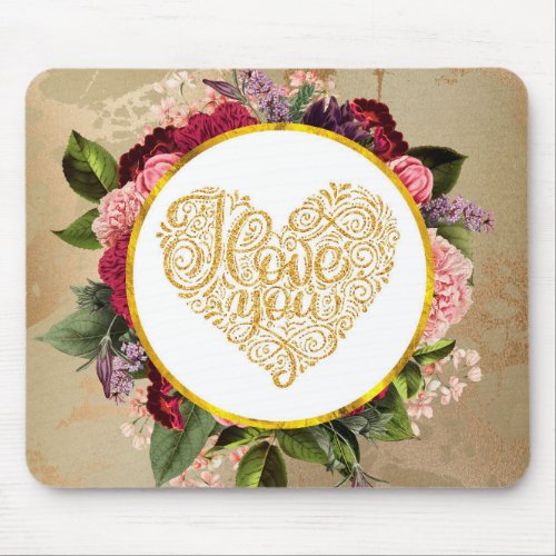 I Love You Fancy Golden Heart with Floral Frame Mouse Pad