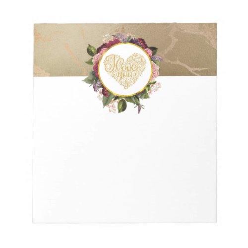I Love You Fancy Golden Heart with Floral Frame Notepad