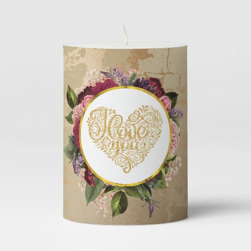 I Love You Fancy Golden Heart with Floral Frame Pillar Candle