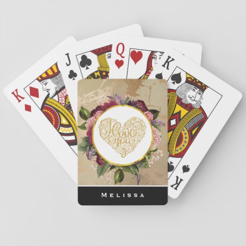I Love You Fancy Golden Heart with Floral Frame Playing Cards