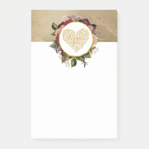 I Love You Fancy Golden Heart with Floral Frame Post_it Notes