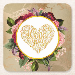 I Love You Fancy Golden Heart with Floral Frame Square Paper Coaster