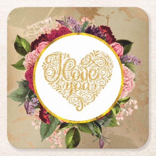 I Love You Fancy Golden Heart with Floral Frame Square Paper Coaster