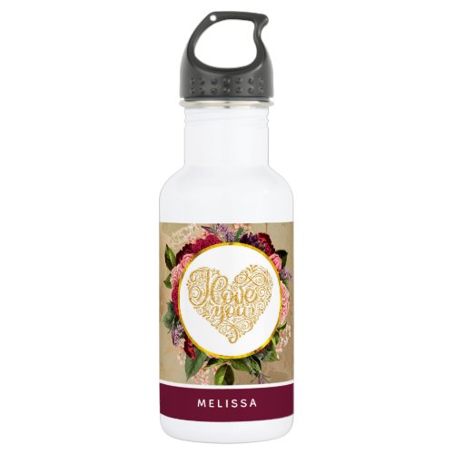 I Love You Fancy Golden Heart with Floral Frame Stainless Steel Water Bottle