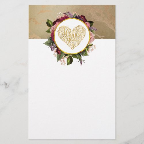 I Love You Fancy Golden Heart with Floral Frame Stationery