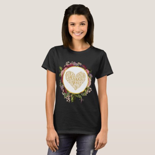 I Love You Fancy Golden Heart with Floral Frame T_Shirt