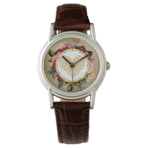 I Love You Fancy Golden Heart with Floral Frame Watch