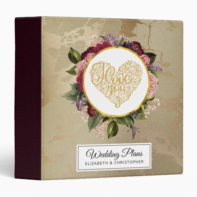 I Love You Fancy Golden Ornate Heart 3 Ring Binder (Front/Spine)
