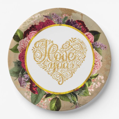 I Love You Fancy Golden Ornate Heart Paper Plates