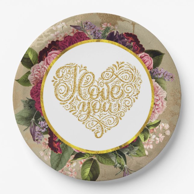 I Love You Fancy Golden Ornate Heart Paper Plates (Front)