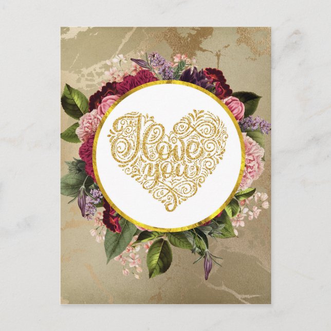 I Love You Fancy Golden Ornate Heart Postcard (Front)