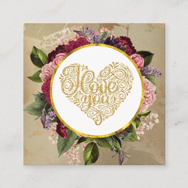 I Love You Fancy Golden Ornate Heart Square Business Card (Front)