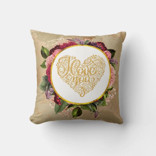 I Love You Fancy Golden Ornate Heart with FloralsI Throw Pillow