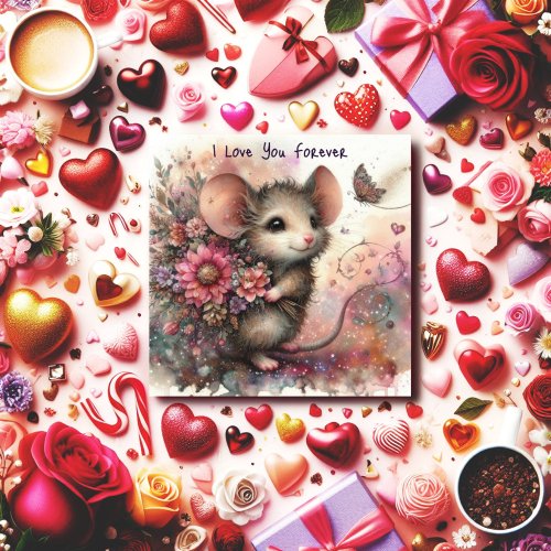 I Love You Forever Flower Bouquet Mouse Valentine  Holiday Card