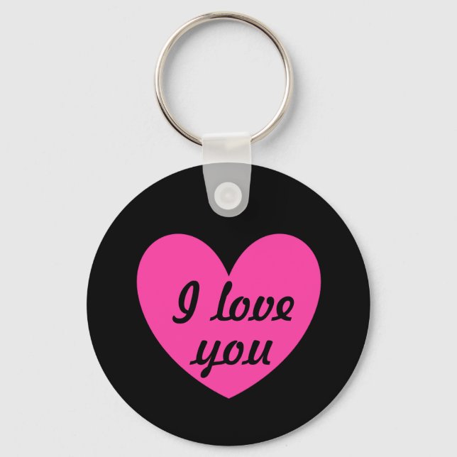 "I love you" fuchsia heart on black Keychain (Front)