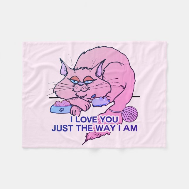 I Love You Funny Pink Cat Graphic Saying Fleece Blanket (Front (Horizontal))